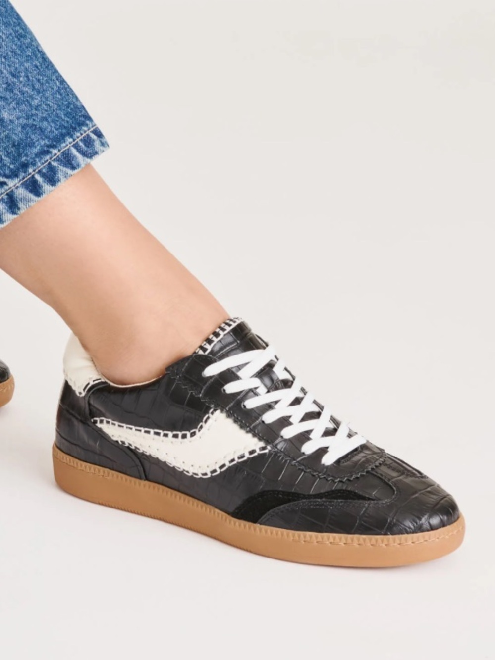 Dolce Vita NEW Notice Stitch Sneakers Noir Croco Embossed Leather Black & White